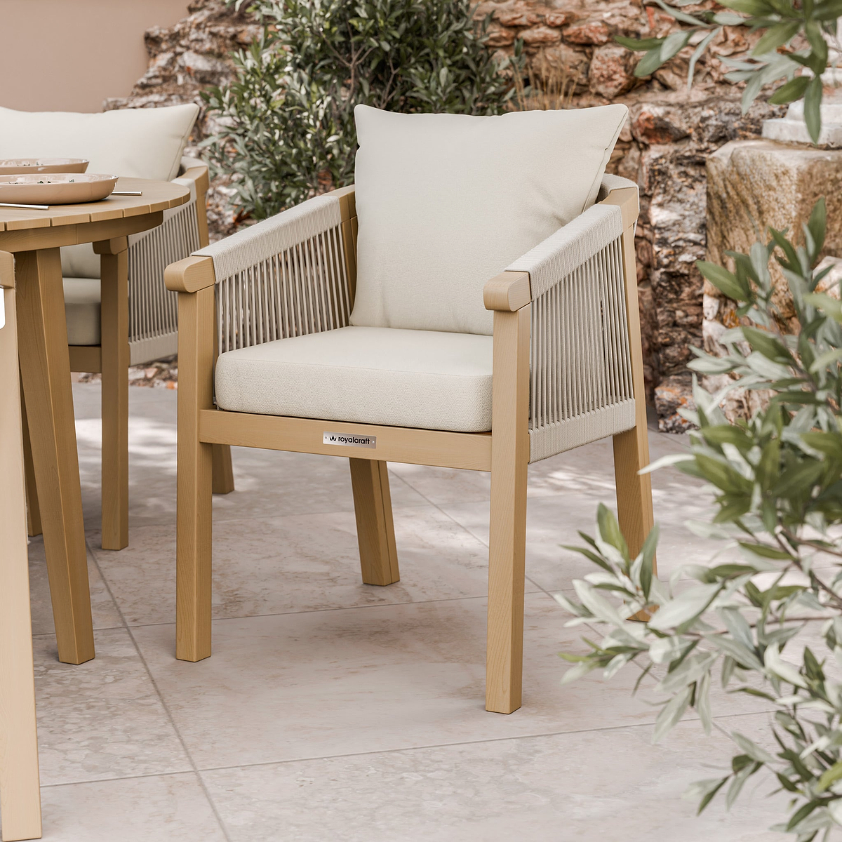 FSC 1 Roma 150cm Round Table w 6 Roma Dining Chairs Concrete Insert from Roseland Furniture