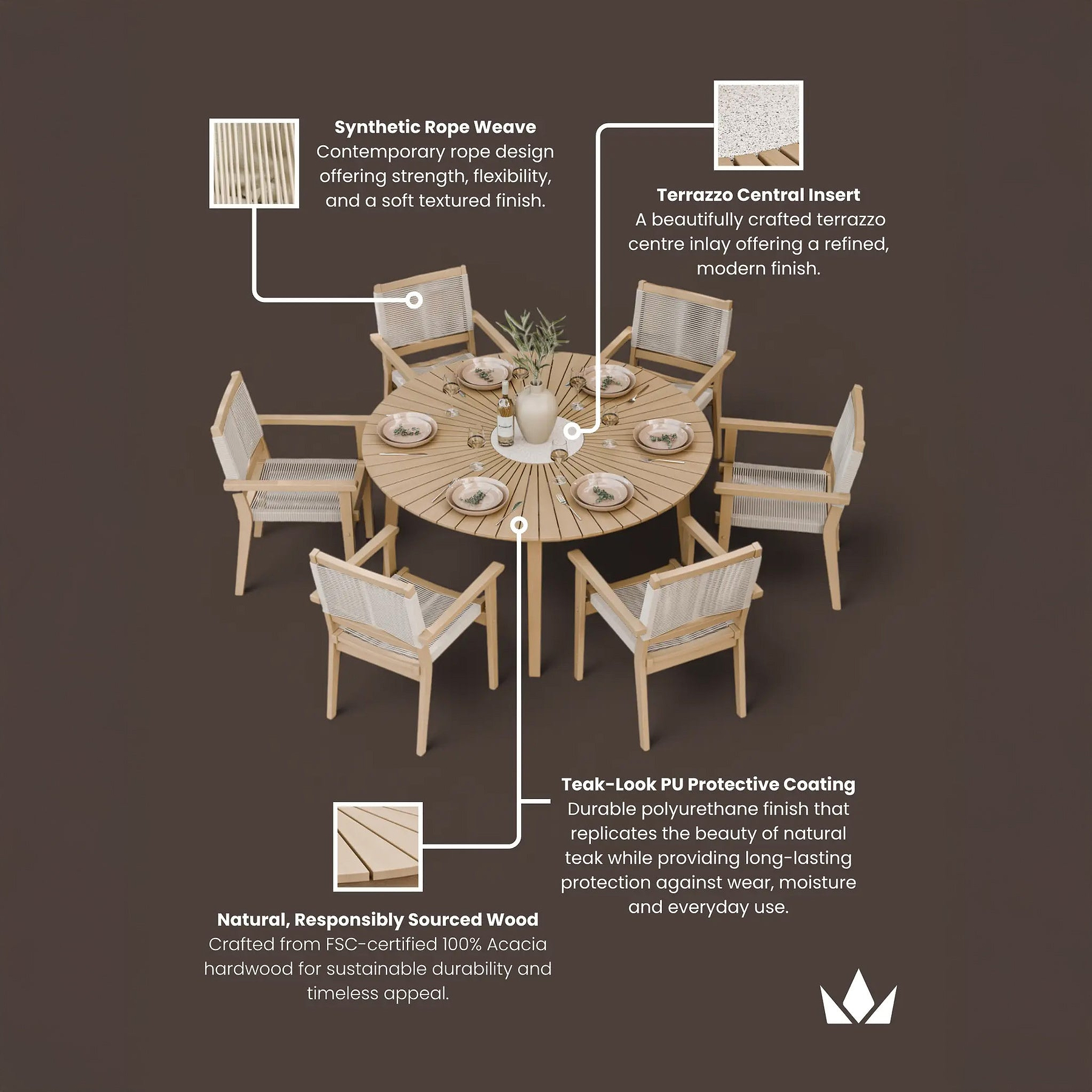 Roma FSC 6 Seater Round Sunray with Concrete Insert Dining Set with Roma Rope Stacking Chairs