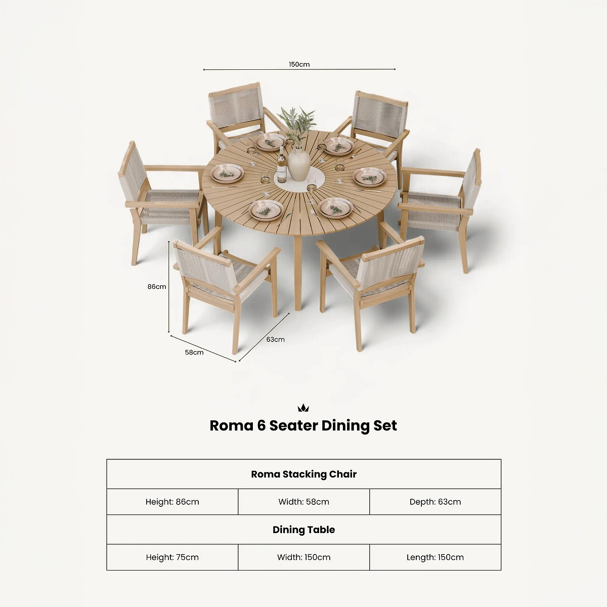 Roma FSC 6 Seater Round Sunray with Concrete Insert Dining Set with Roma Rope Stacking Chairs dimensions