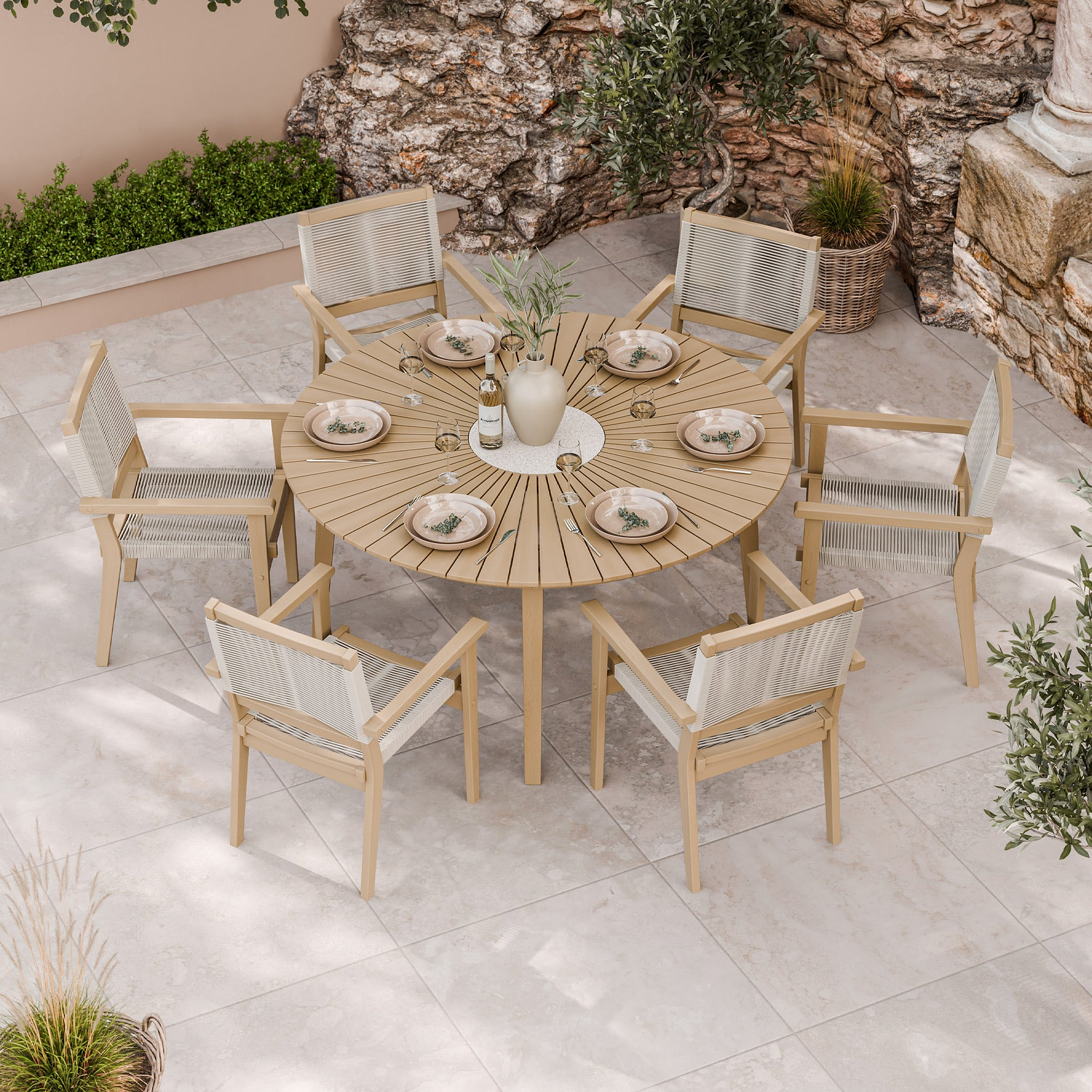 FSC 1 Roma 150cm Round Table w 6 Roma Rope Stacking Chairs Concrete Insert from Roseland Furniture