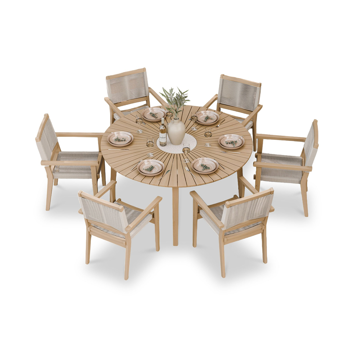 Roma FSC 6 Seater Round Sunray with Concrete Insert Dining Set with Roma Rope Stacking Chairs