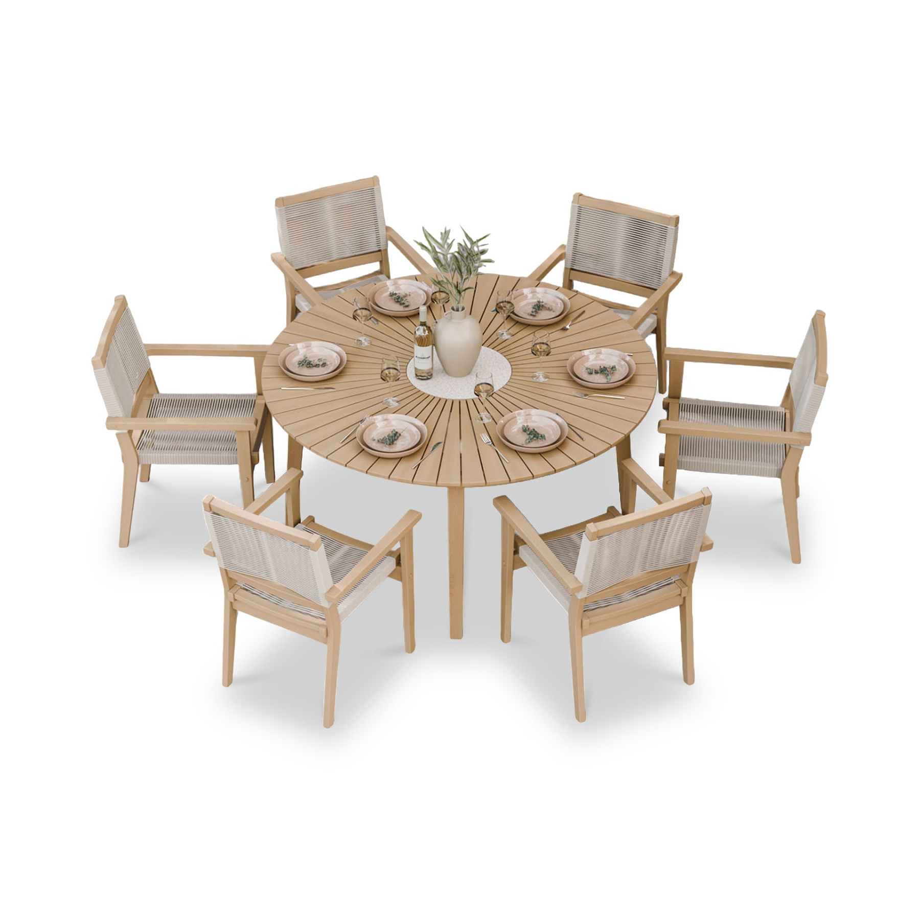 Roma FSC 6 Seater Round Sunray with Concrete Insert Dining Set with Roma Rope Stacking Chairs