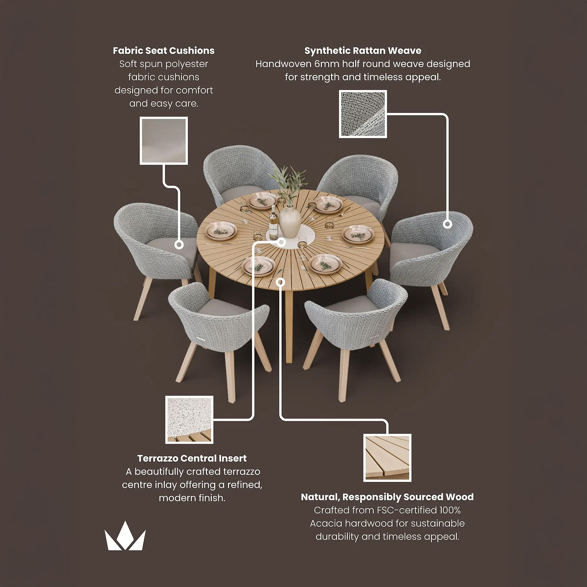 Roma FSC 6 Seater 150cm Round Sunray with Concrete Insert Dining Set with 6 Sol Dining Chairs