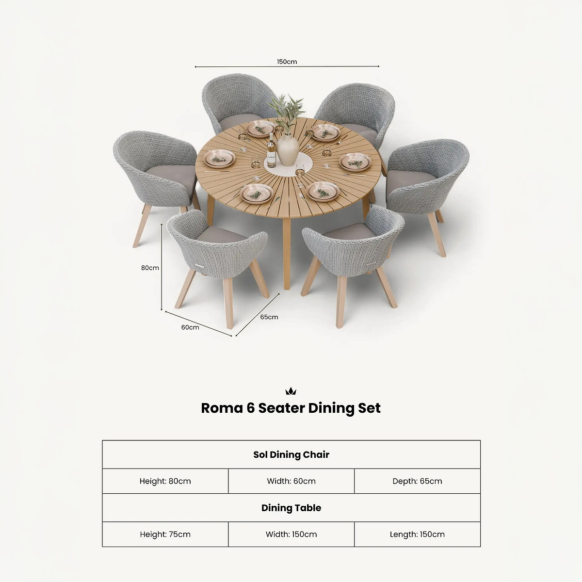 Roma FSC 6 Seater 150cm Round Sunray with Concrete Insert Dining Set with 6 Sol Dining Chairs dimensions