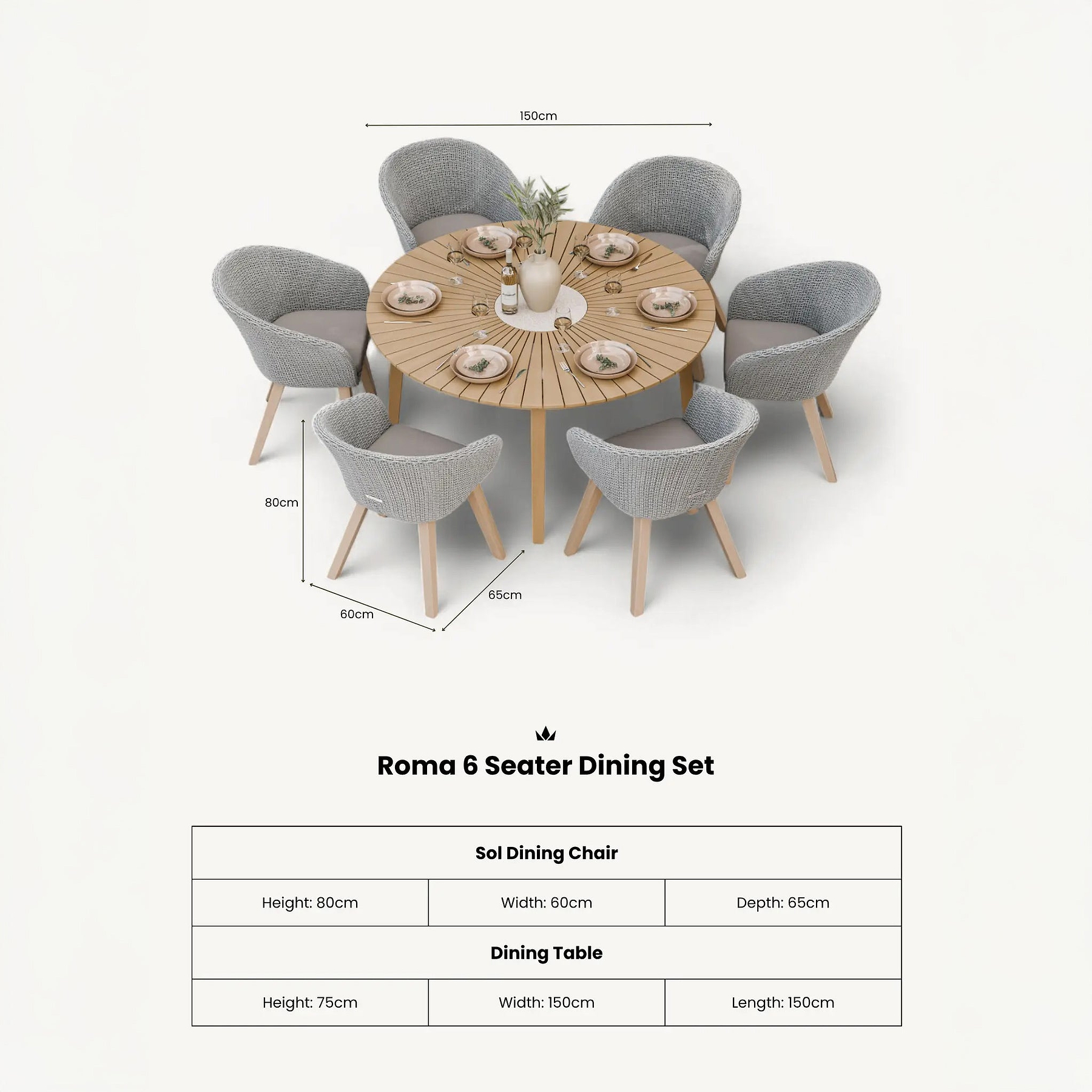 Roma FSC 6 Seater 150cm Round Sunray with Concrete Insert Dining Set with 6 Sol Dining Chairs dimensions