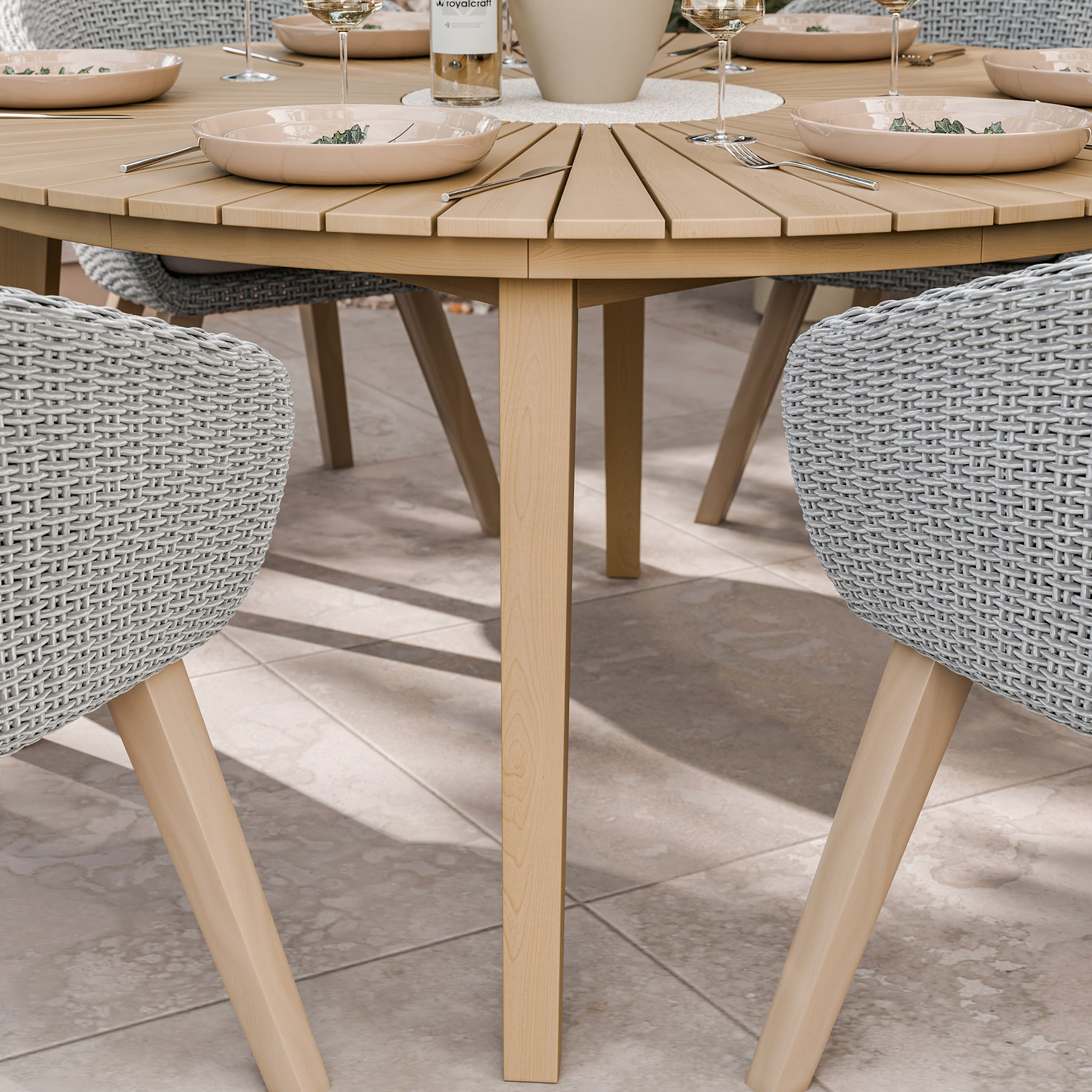 FSC 1 Roma 150cm Round Table w 6 Sol Dining Chairs Concrete Insert from Roseland Furniture