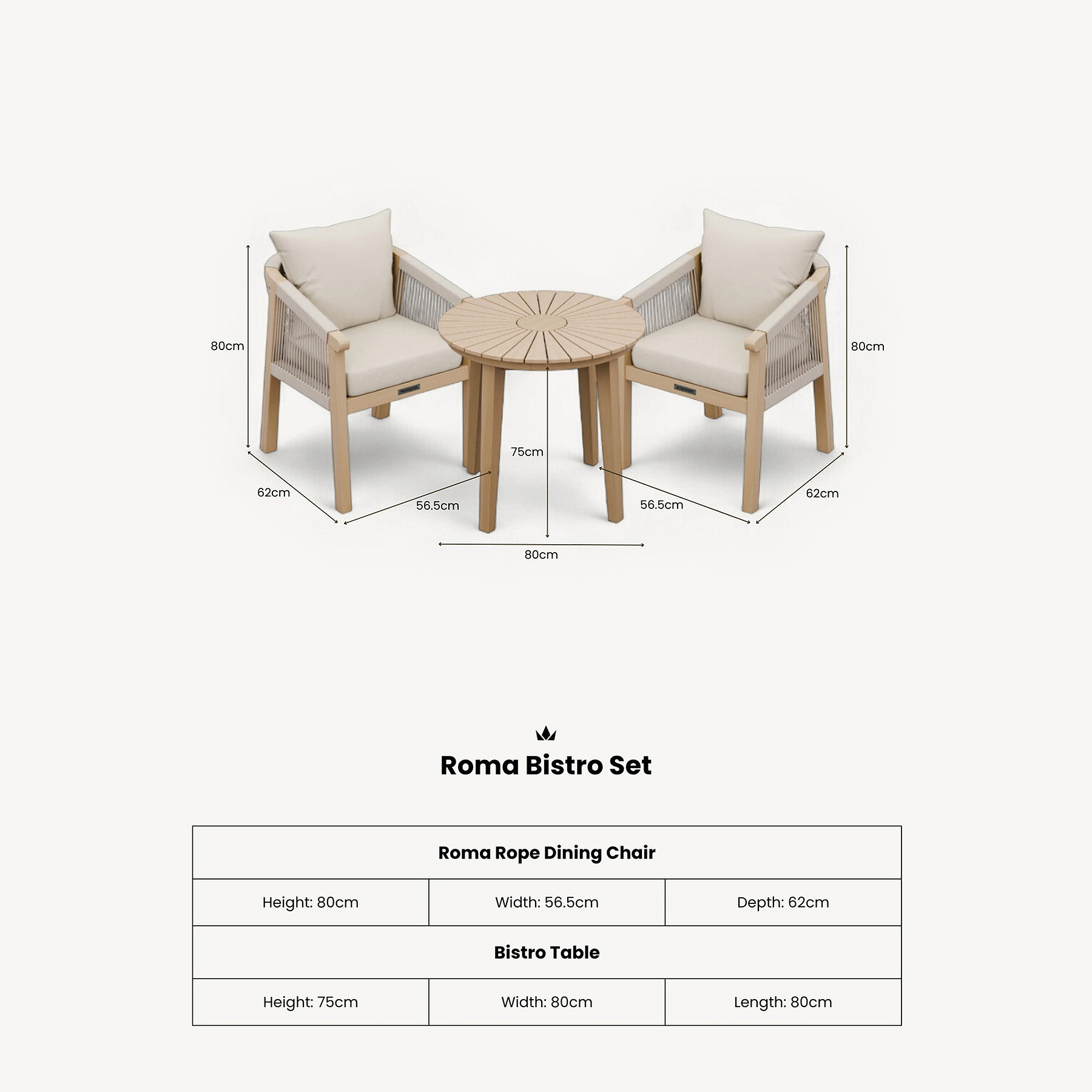 Roma FSC Sunray Bistro Set 80cm Table with 2 Roma Dining Chairs
