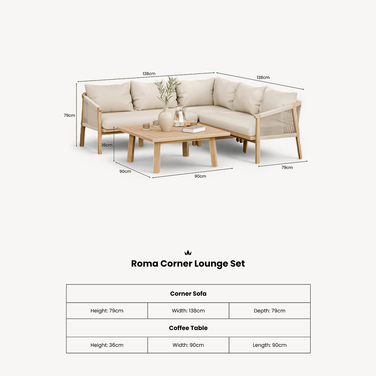 Roma FSC 5 Seater Corner Lounge Set with 90cm Square Coffee Table