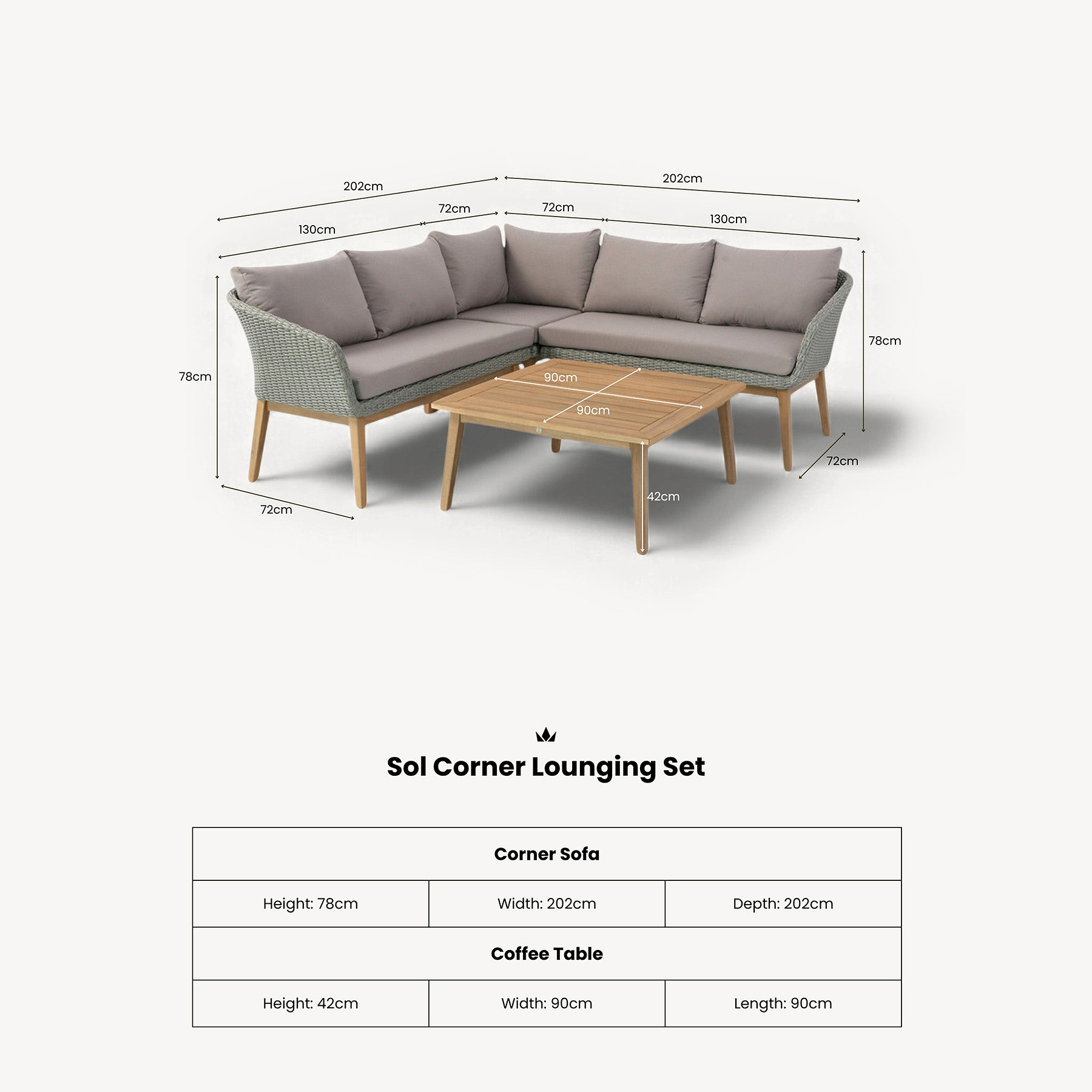 Sol 5 Seater Corner Lounge Set with Square Coffee Table dimensions