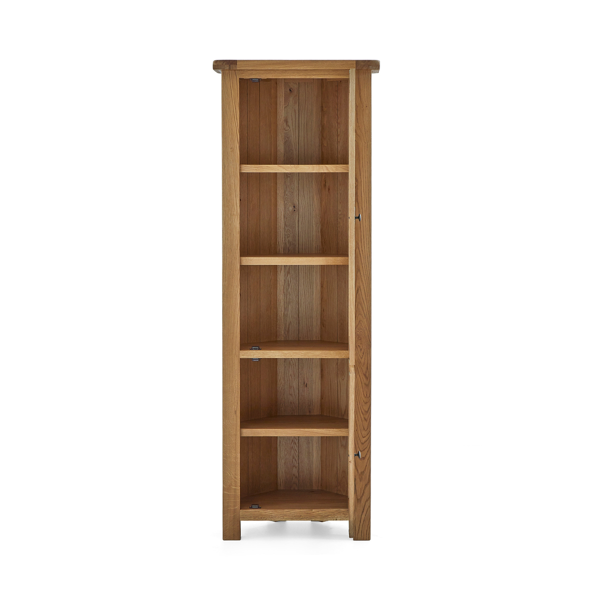 Zelah Oak Corner Display Cabinet with top and bottom doors - displaying interior shelving