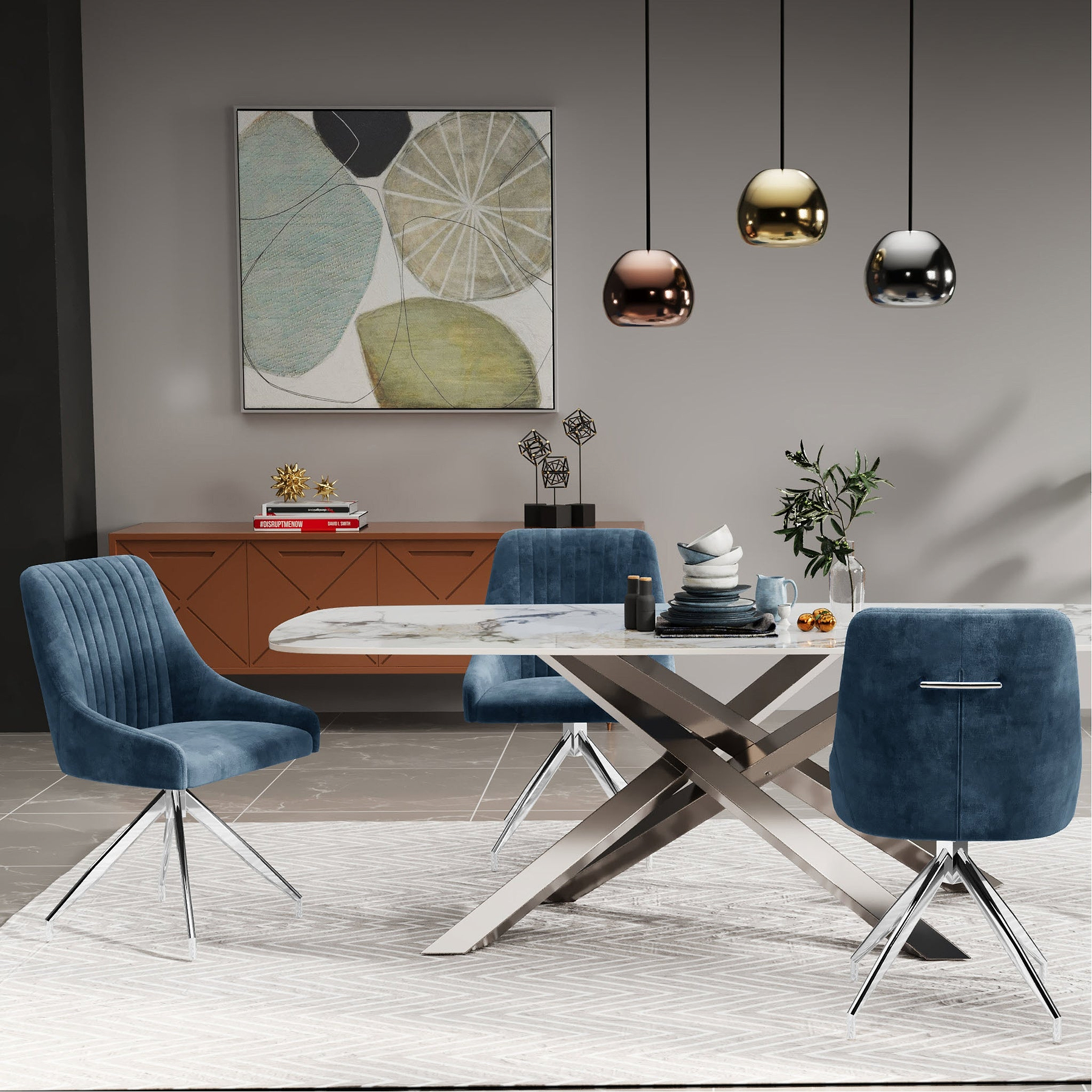 Lawson Velvet Dining Chair Blue Silver Legs from Roseland Furniture