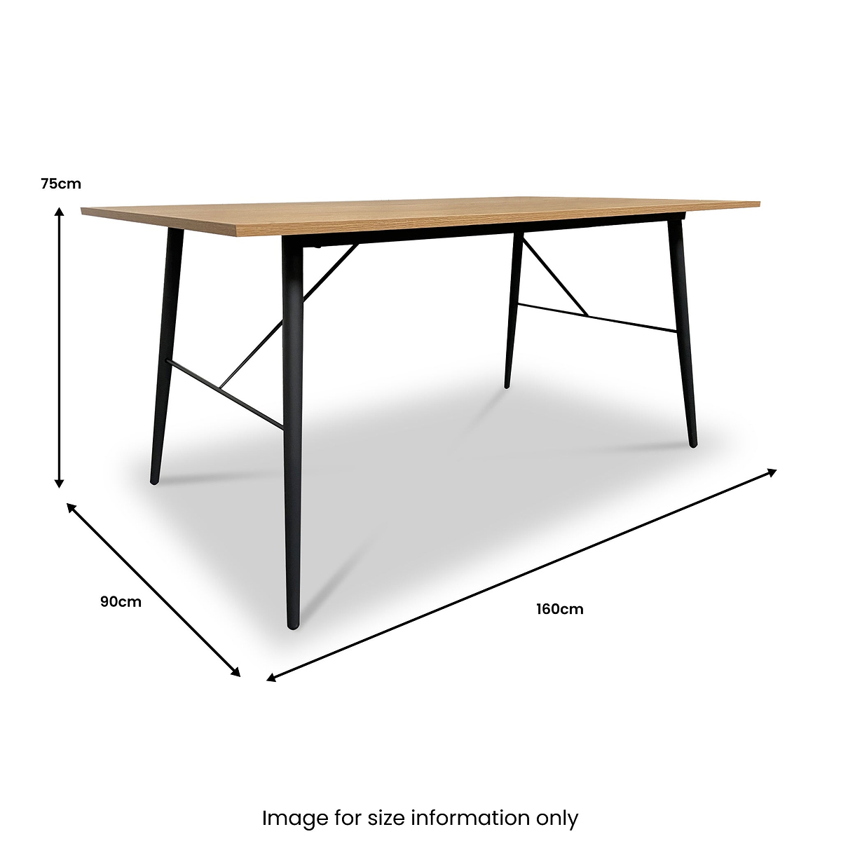 A modern table with a wooden top and black metal legs against a white background, with dimensions labeled: 75cm high, 90cm wide, 160cm long. Text: "Image for size information only."