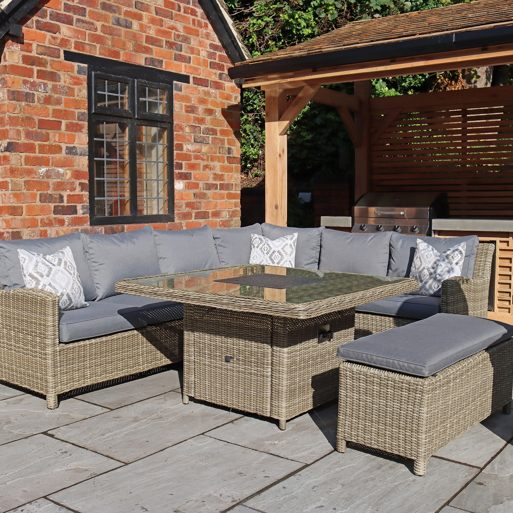 Wentworth 120cm Fire Pit Dine or Lounge Rattan Set with Bench