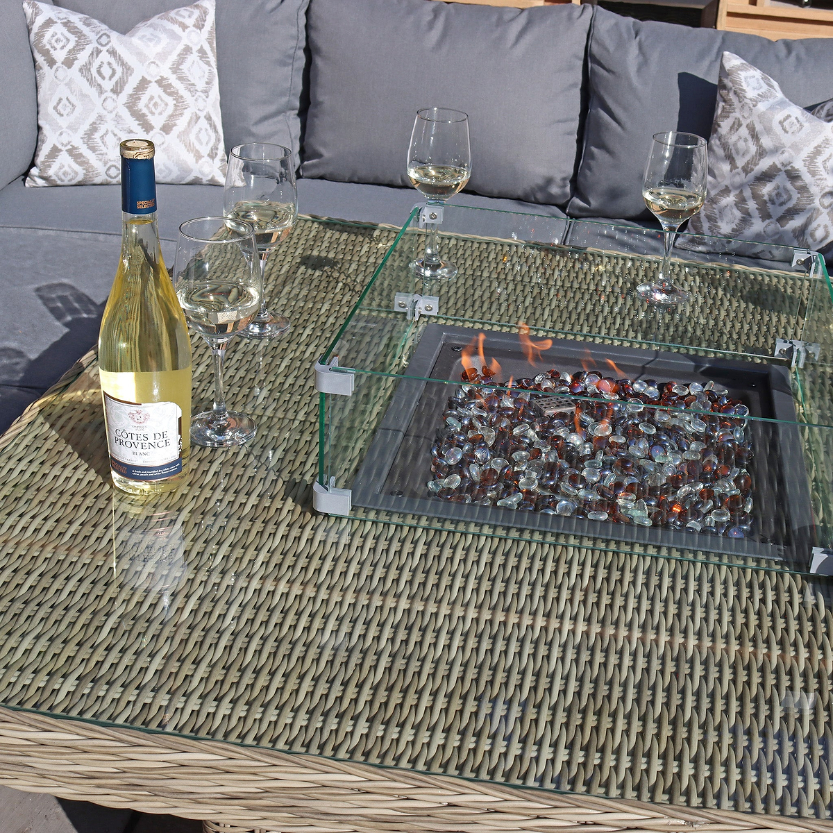Wentworth 120cm Fire Pit Dine or Lounge Rattan Set with Bench