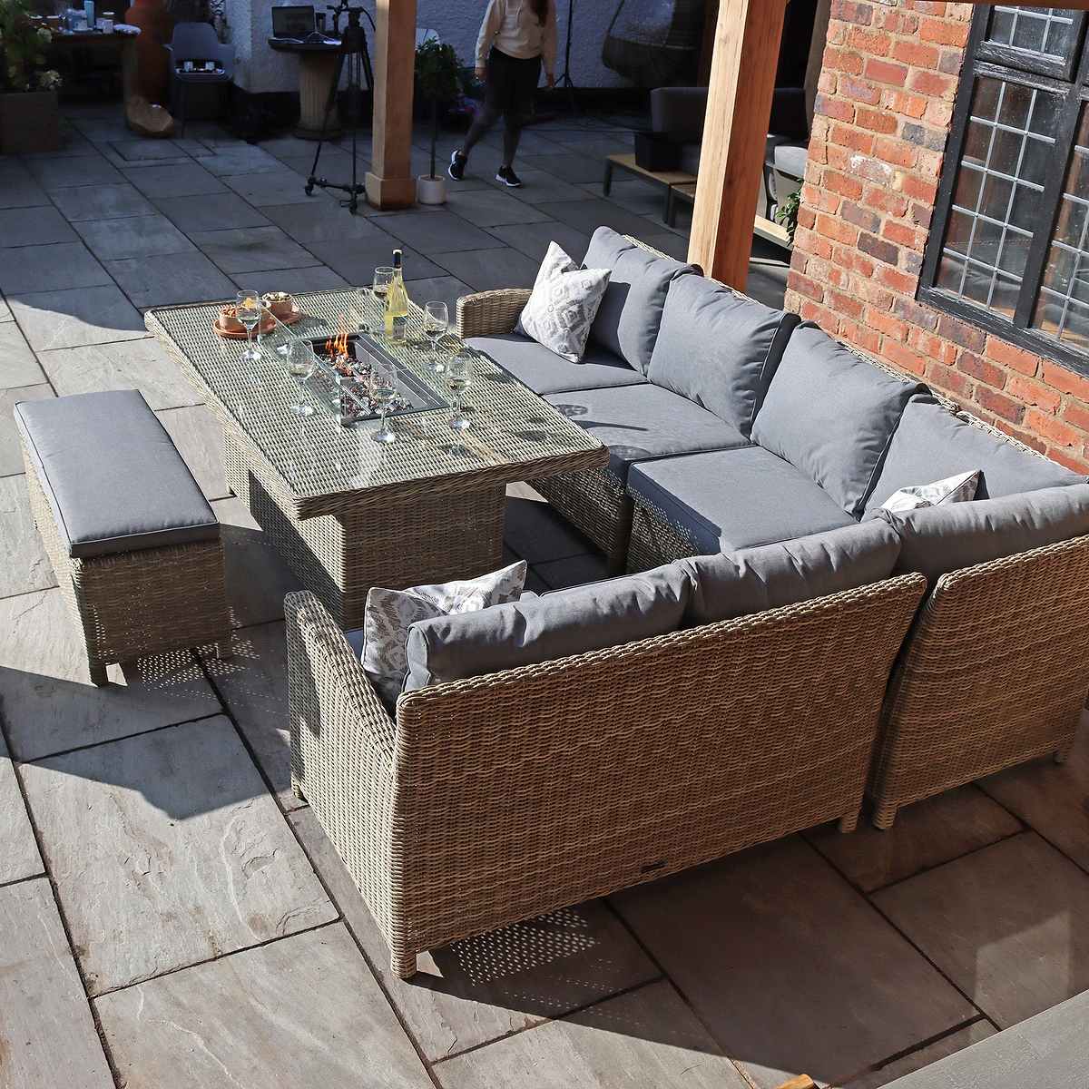 Wentworth 170cm Fire Pit Dine or Lounge Rattan Set with Bench from Roseland Furniture