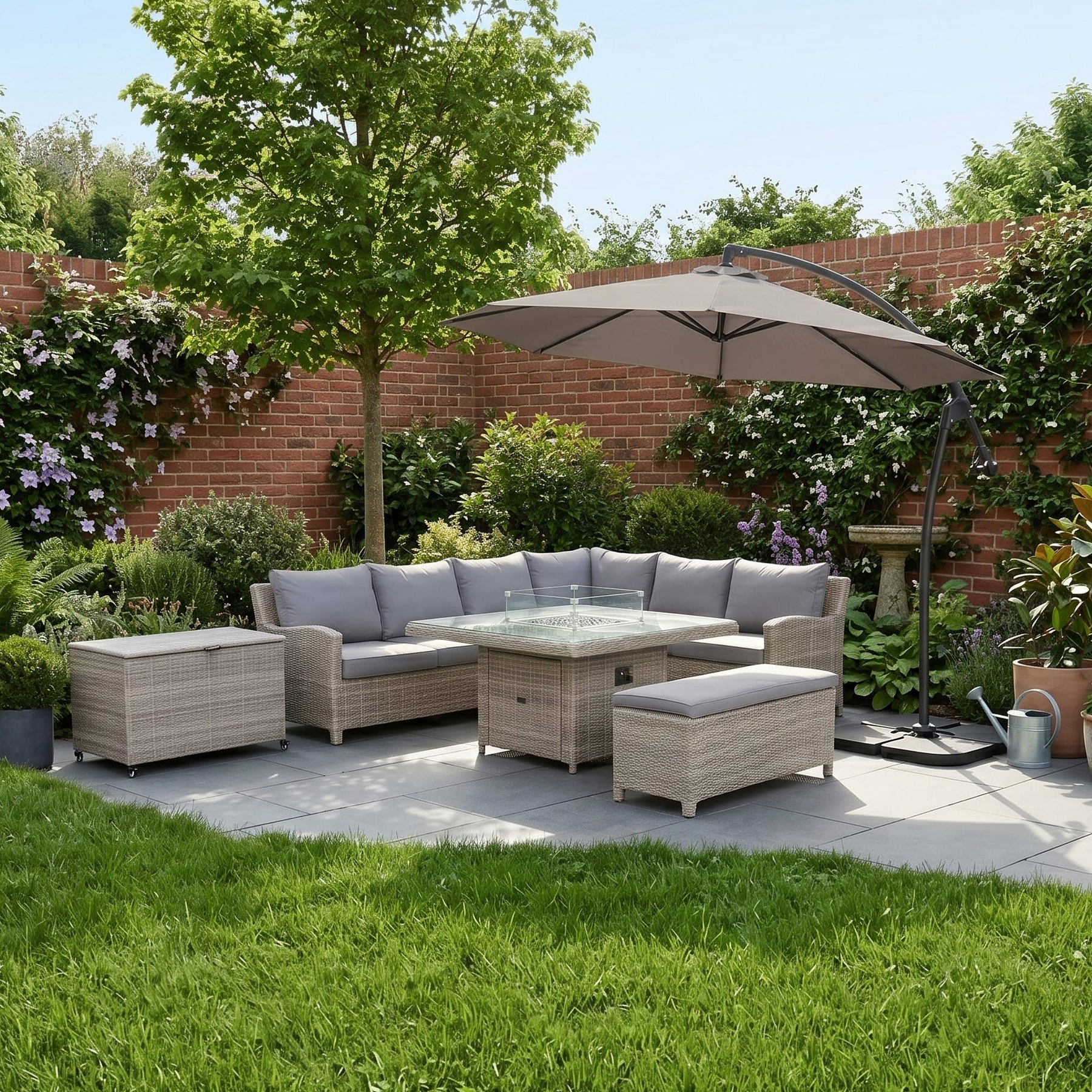 Wentworth 120cm Fire Pit Dine or Lounge Rattan Set with Bench