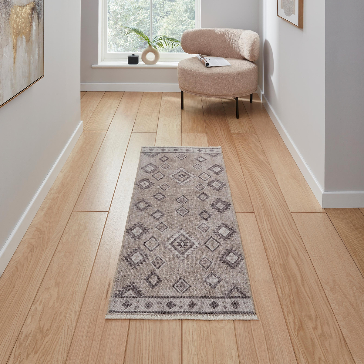 Beige Linton Aztec Design Flatweave Washable Runner Rug from Roseland Furniture