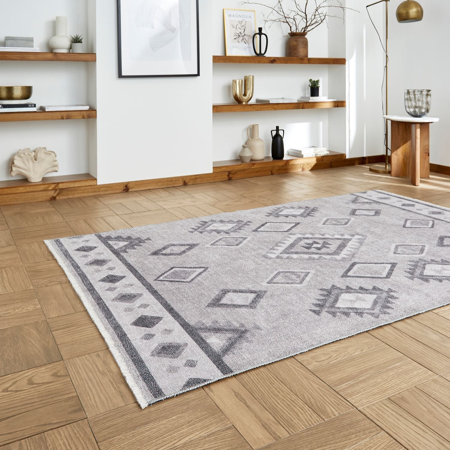Grey Linton Aztec Design Flatweave Washable Rug from Roseland Furniture