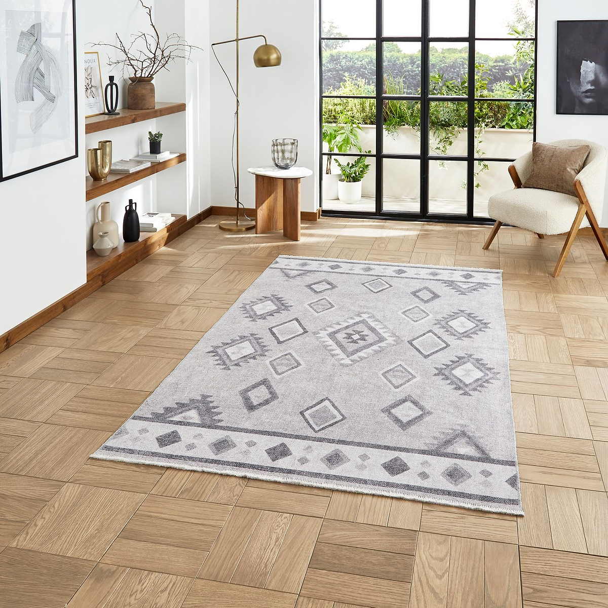 Grey Linton Aztec Design Flatweave Washable Rug from Roseland Furniture