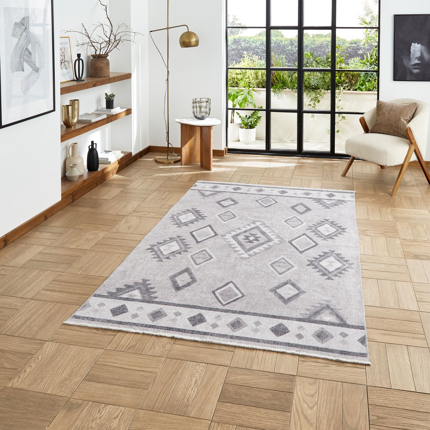 Grey Linton Aztec Design Flatweave Washable Rug from Roseland Furniture