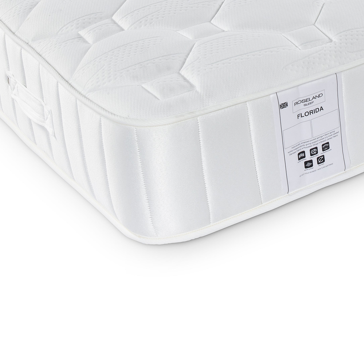 A white mattress with a quilted top and side labels indicating "ROSELAND FLORIDA," with symbols for recyclability and certifications, placed against a white background.