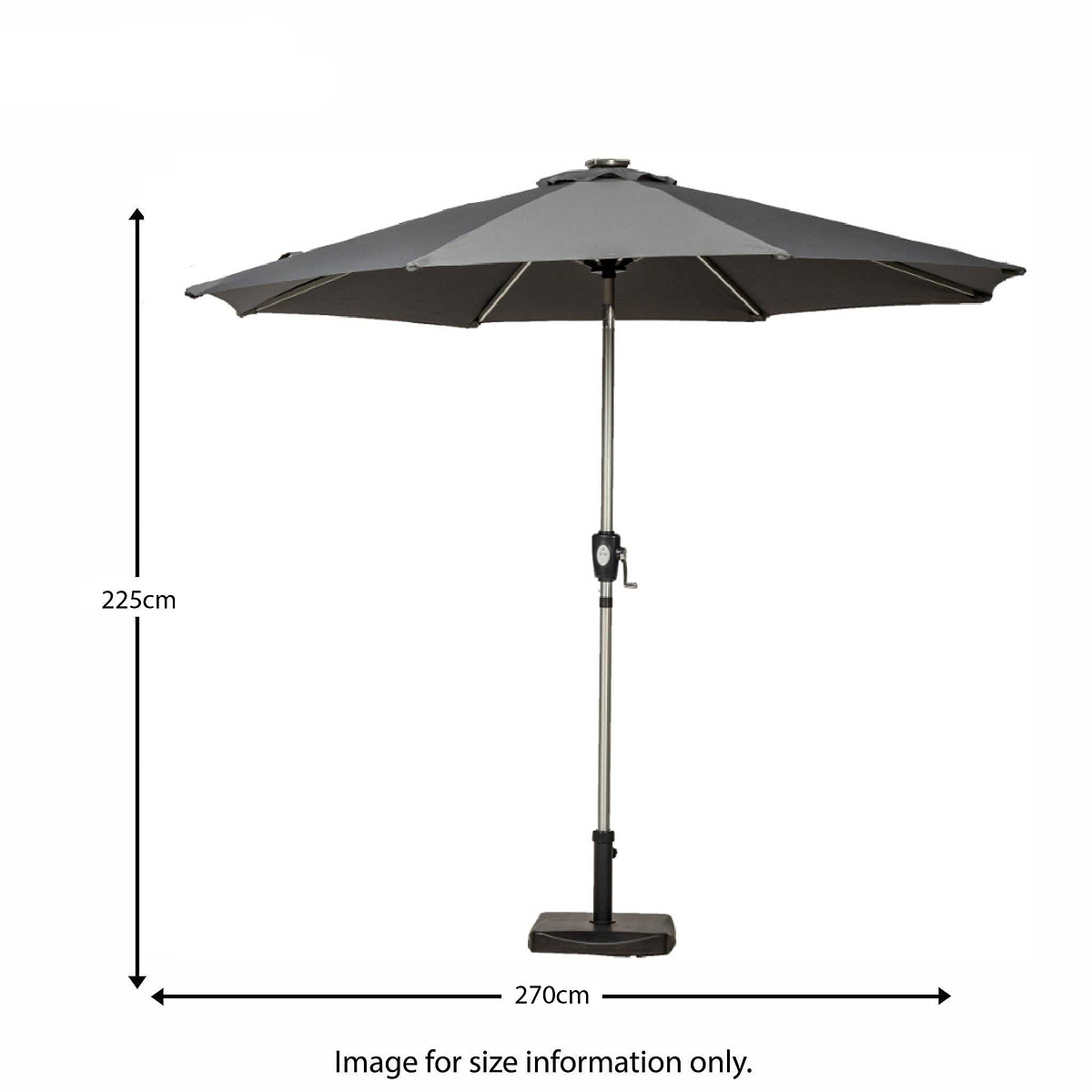 2.7m Grey LED Lit Solar Powered Outdoor Crank and Tilt Parasol - Size Guide