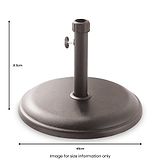 A round, metallic umbrella base with a central support column and tightening knob, measuring 31.5cm in height and 45cm in diameter. Text: "Image for size information only."