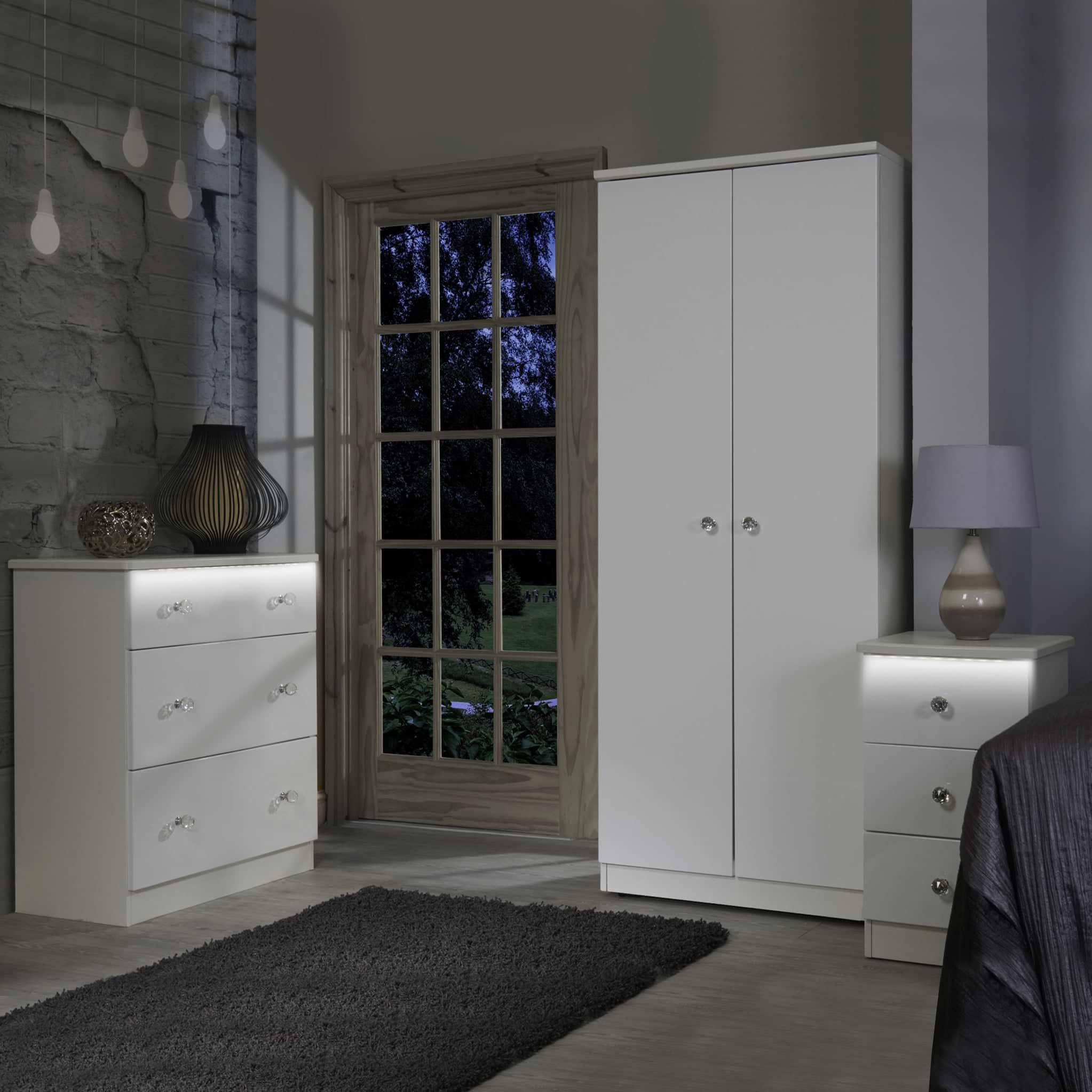 Aria White Gloss LED Lighting 3 Drawer Chest for bedroom