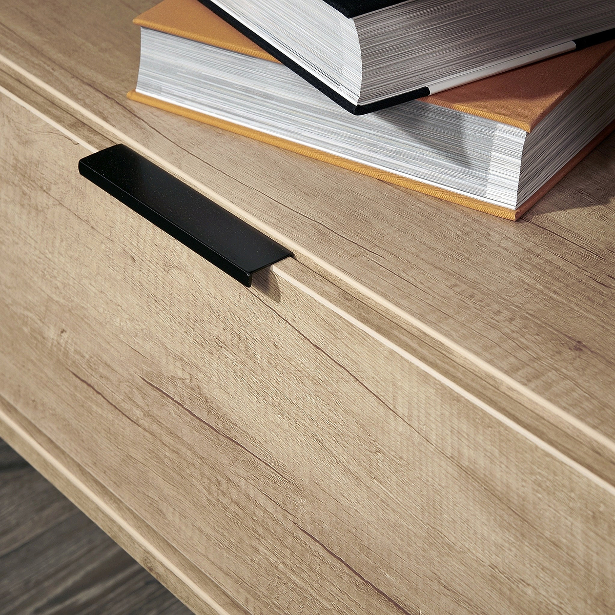 Asher Light Oak 2 Drawer Console Media TV Unit with black legs