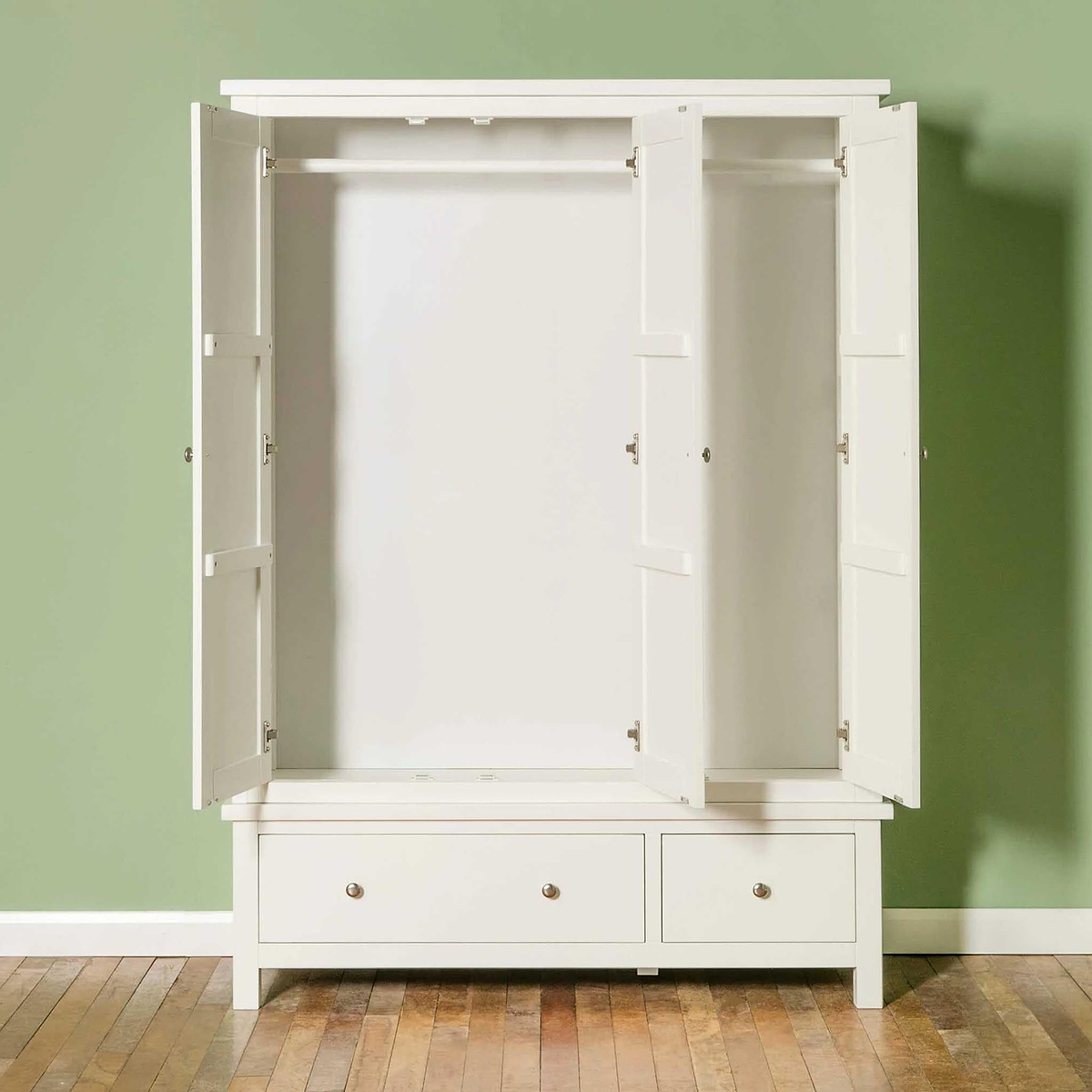 Cornish White Large 3 Door Wardrobe - Front view with wardrobe doors open