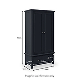 A black wardrobe is displayed, its dimensions labeled: 183cm high, 90cm wide, with a 52cm depth on top and 74.8cm at the base. Below, text reads "Image for size information only."