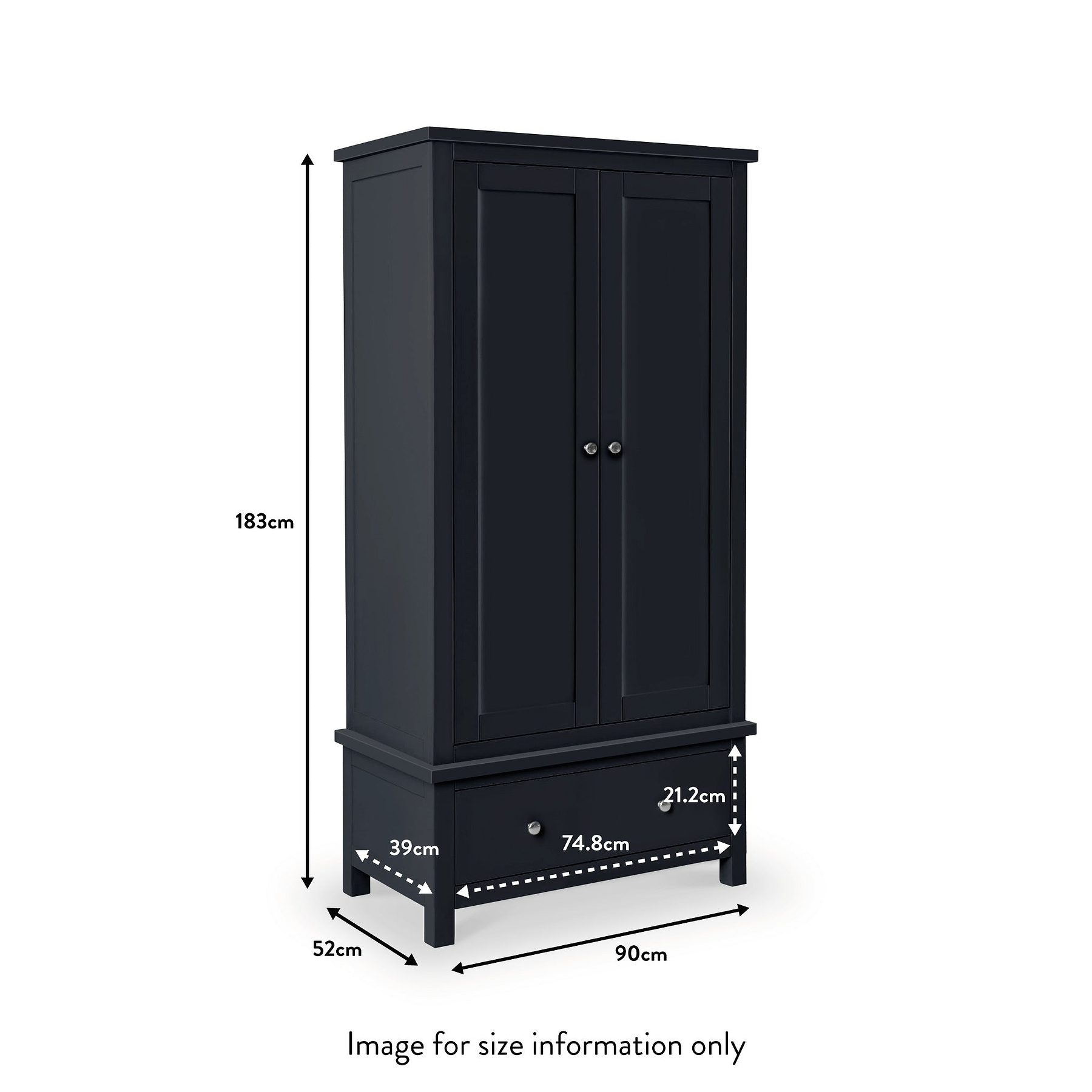 A black wardrobe is displayed, its dimensions labeled: 183cm high, 90cm wide, with a 52cm depth on top and 74.8cm at the base. Below, text reads "Image for size information only."