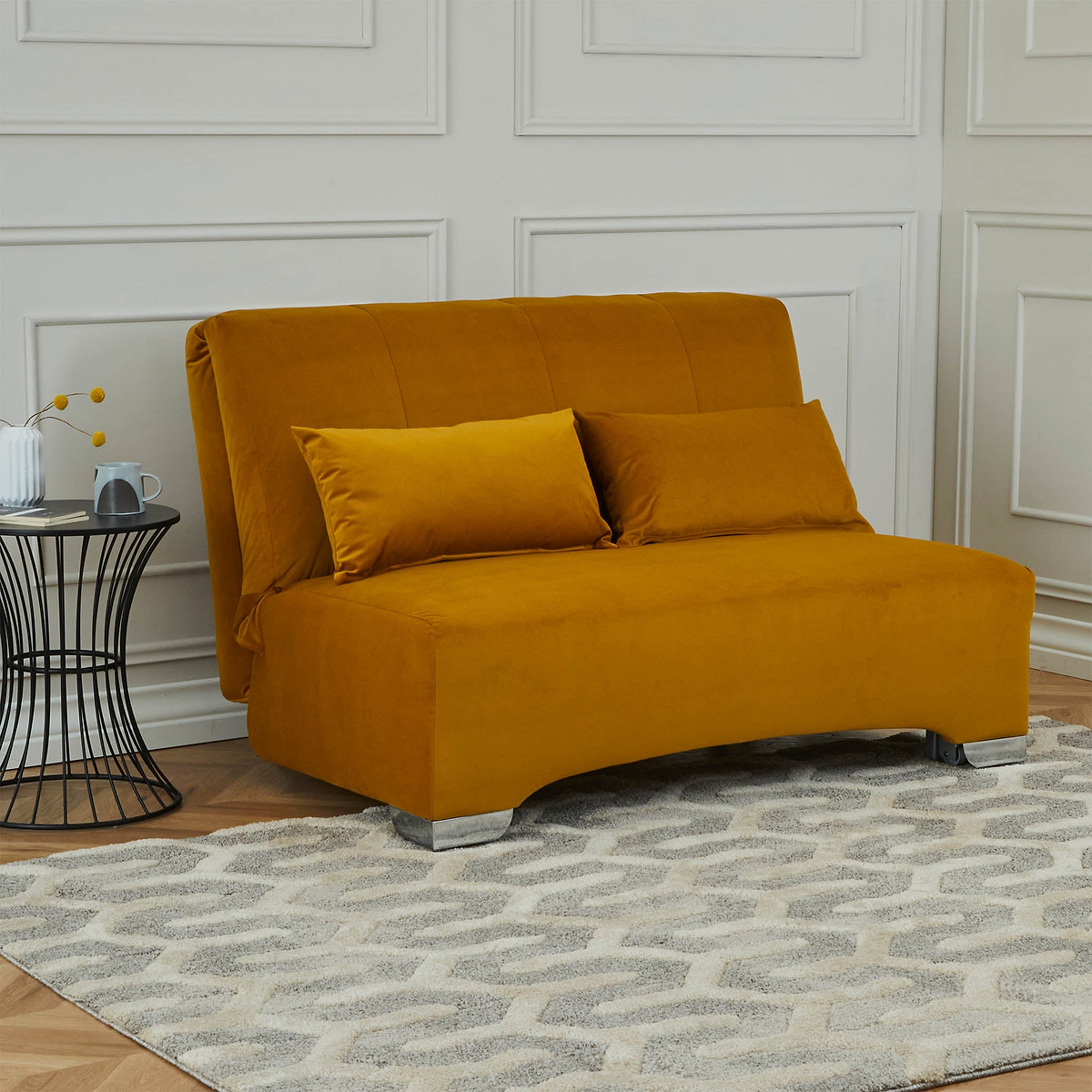 Cortez Mustard Velvet Upholstered Pull Out Sofa Bed