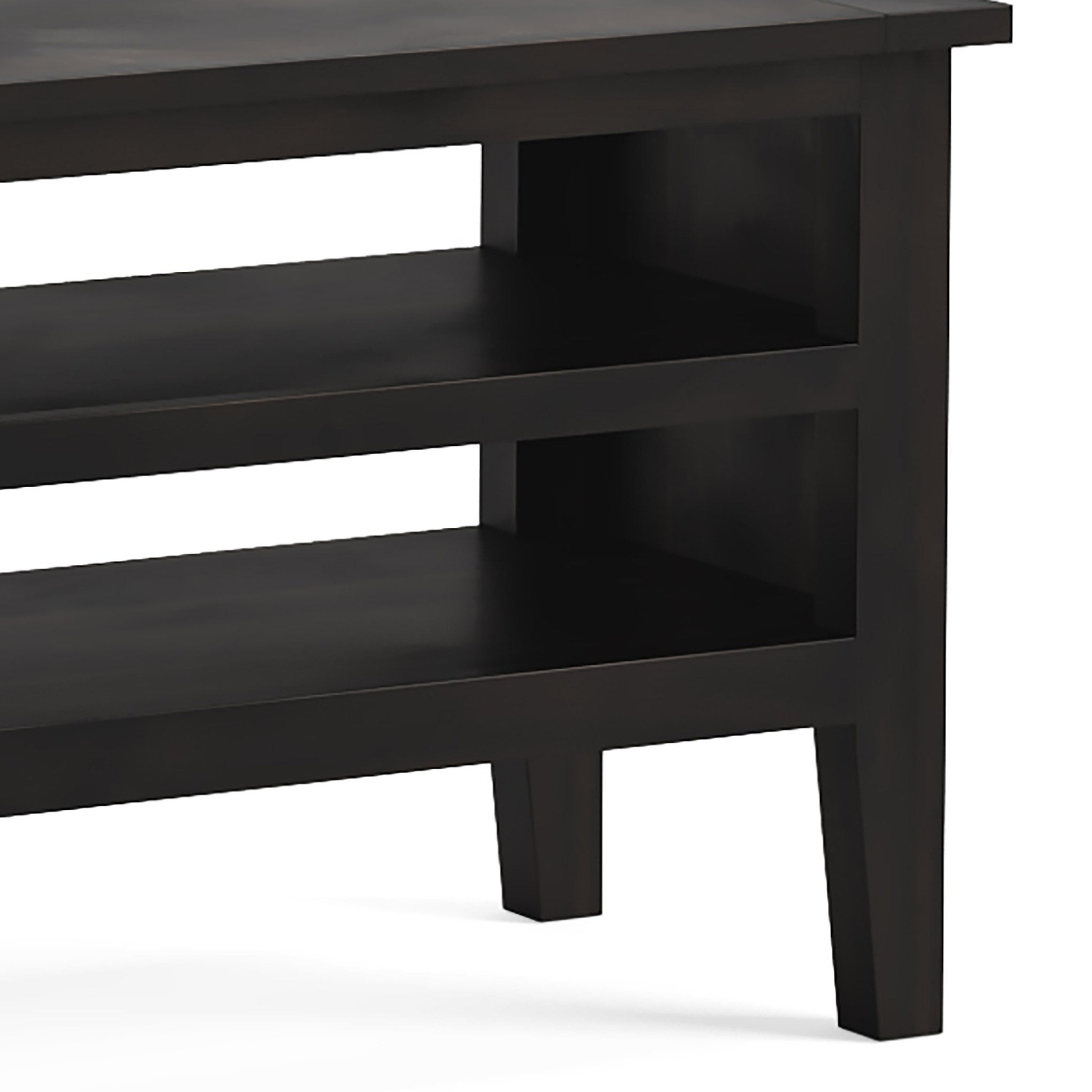 Elise Noir Black Acacia 90cm TV Unit close up of wooden shelves and legs