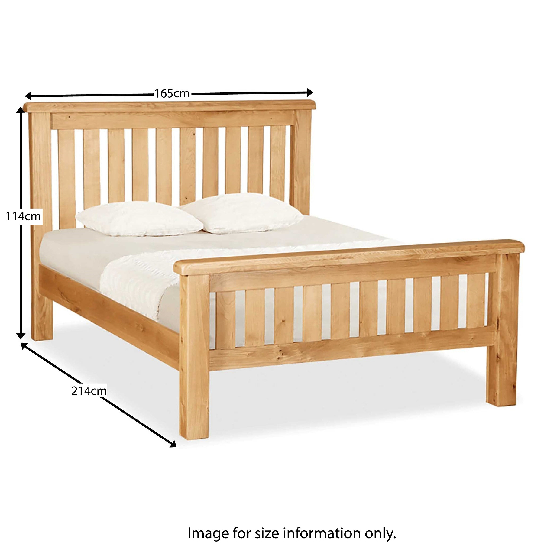 A wooden bed with dimensions labeled; headboard 114cm high, bed width 165cm, and total length 214cm. Text: "Image for size information only."