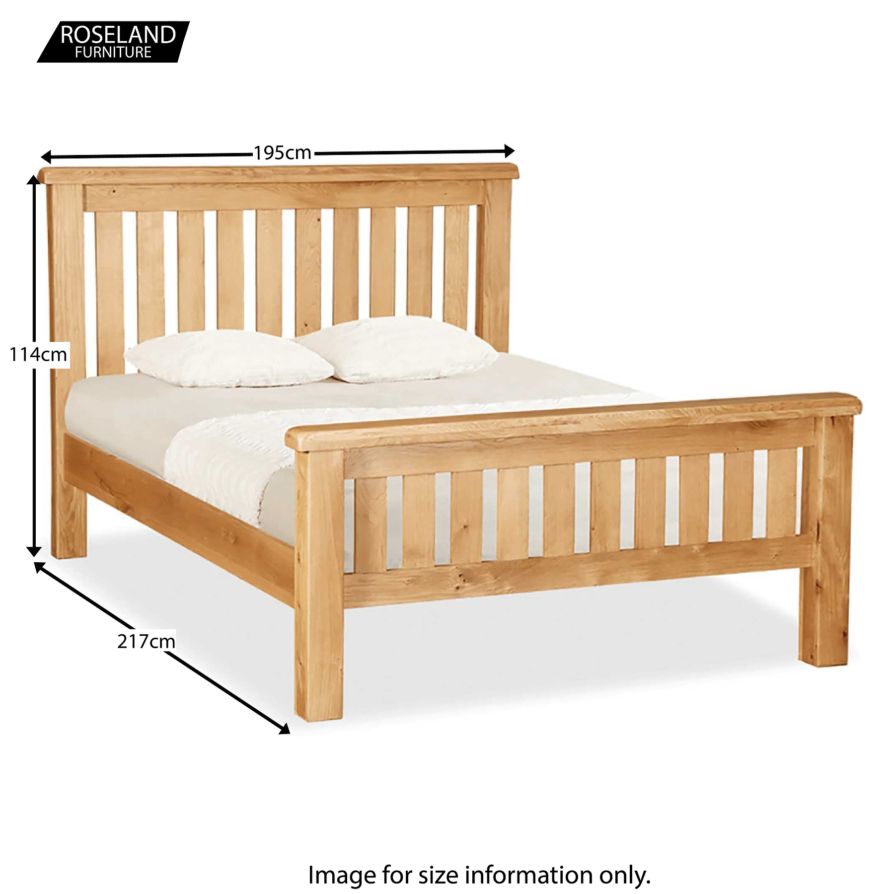 A wooden bed with two pillows, dimensions marked as 195cm wide, 114cm high, and 217cm long. Logo: Roseland Furniture. Text: "Image for size information only."