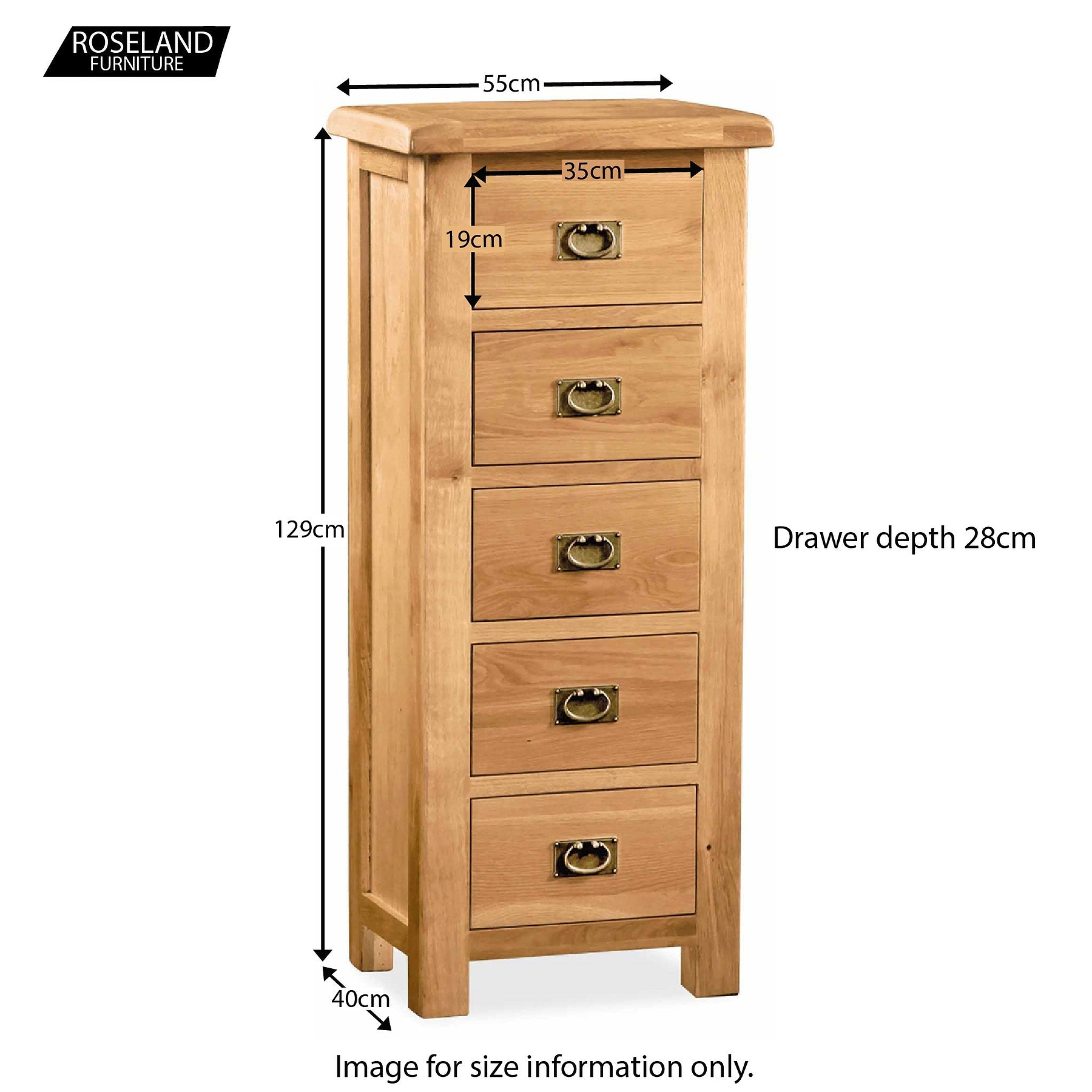 Zelah Oak 5 Drawer Tallboy Chest - Size Guide