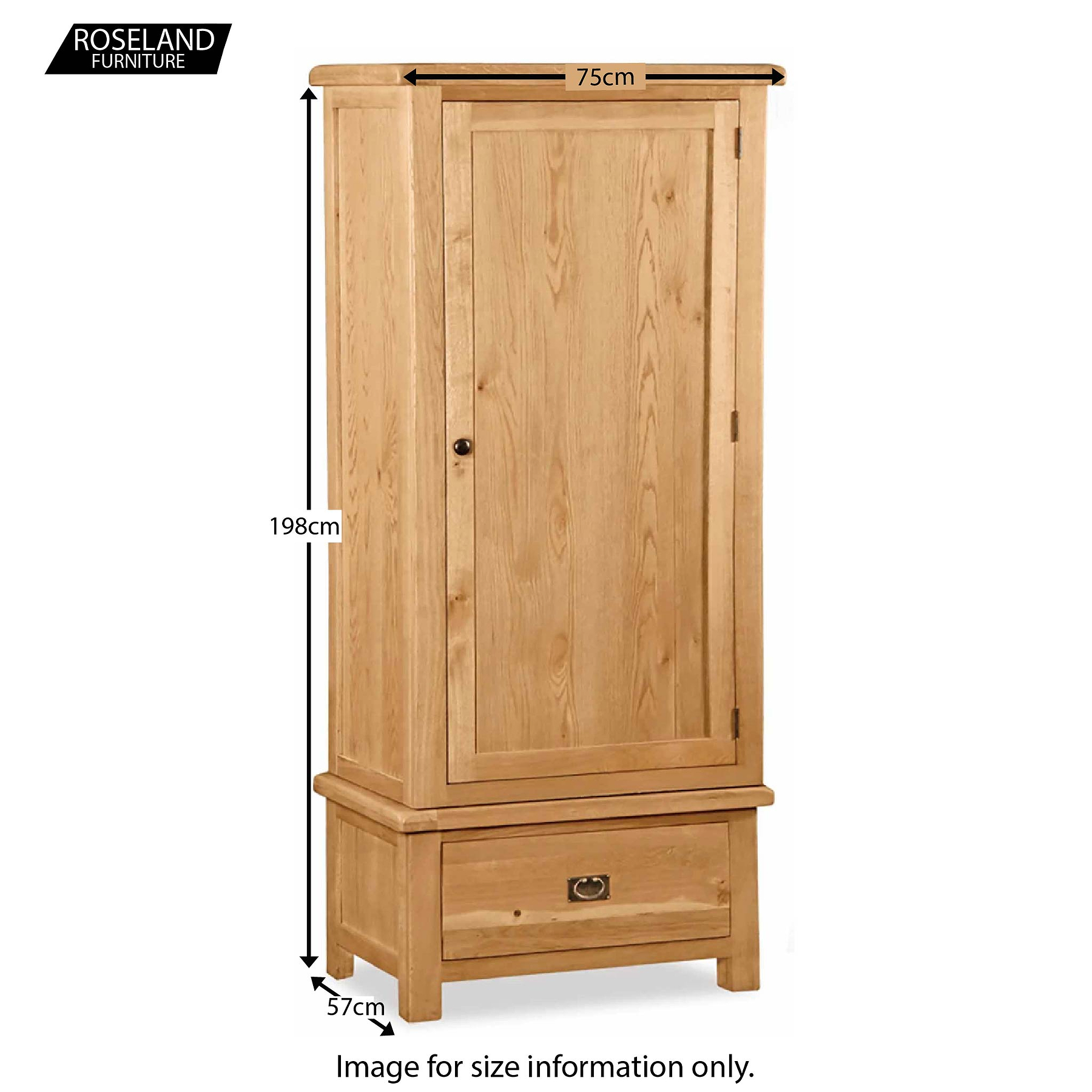 Zelah Oak Single Wardrobe with Drawer - Size Guide