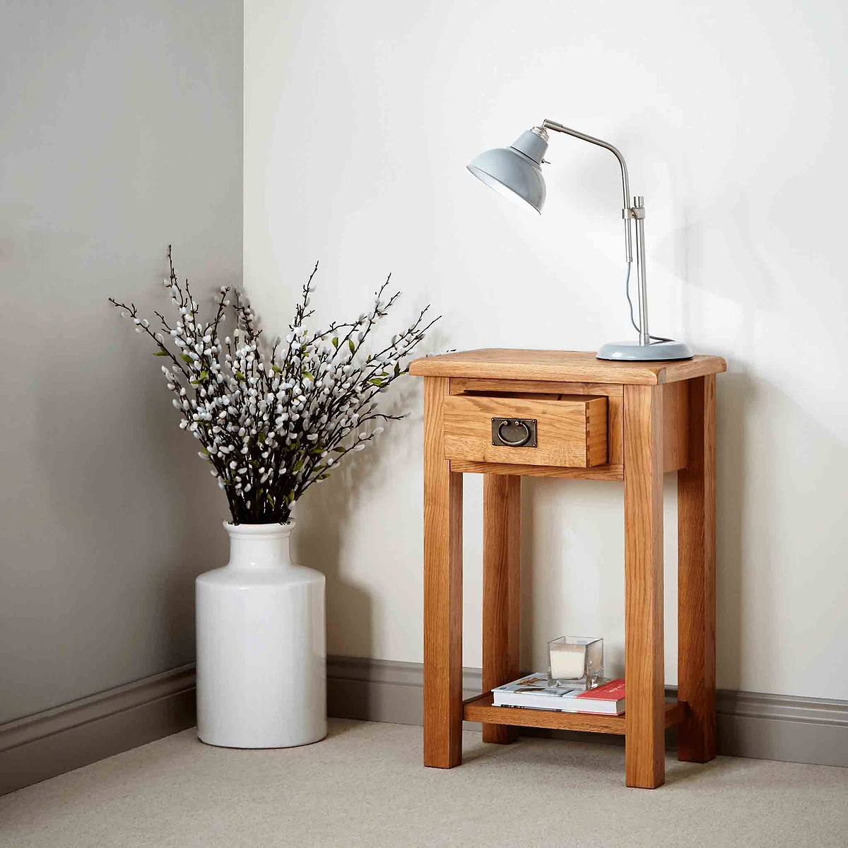 Zelah Oak Telephone Table with drawer open