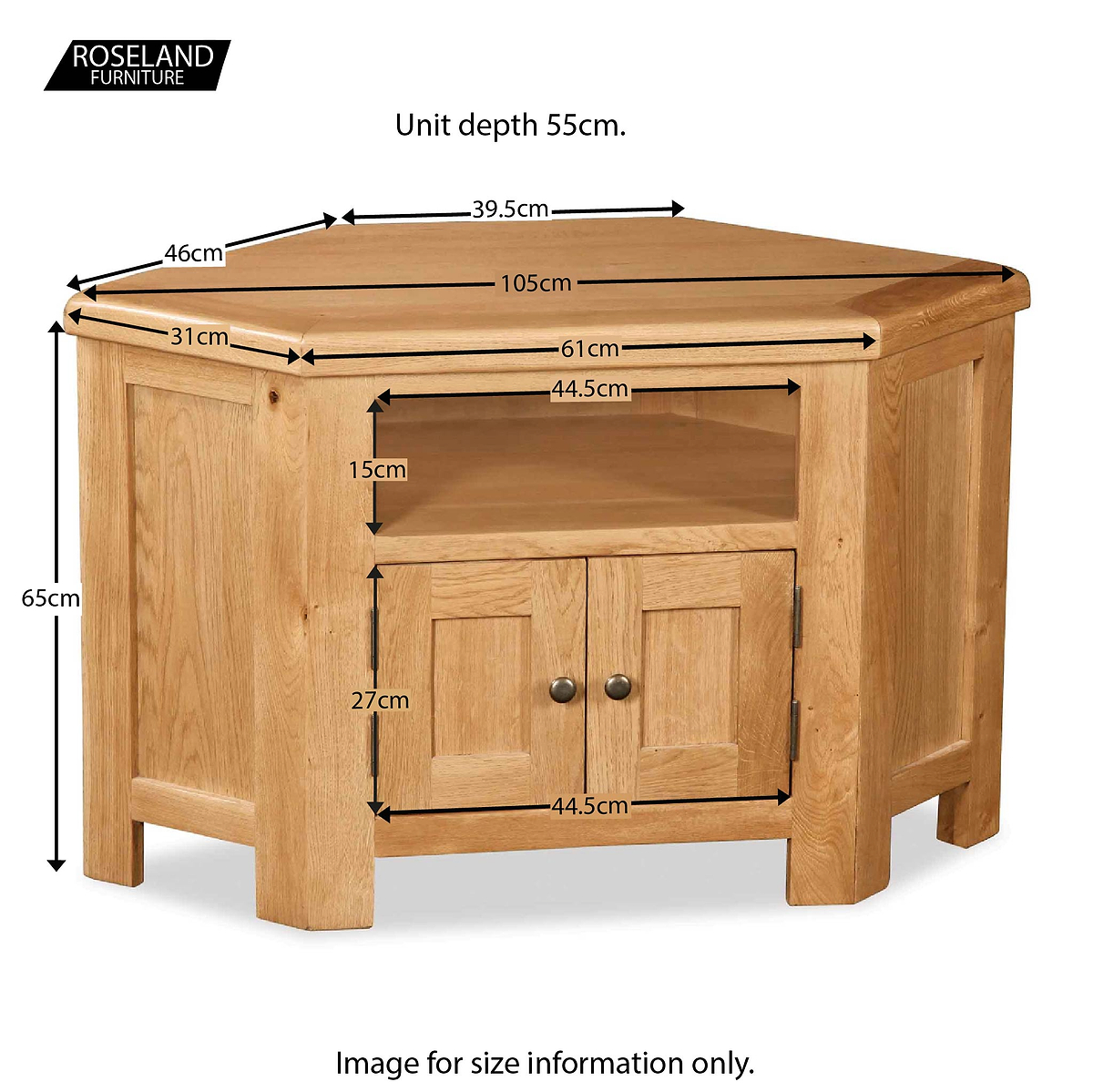 Zelah Oak Corner TV Stand - Size Guide