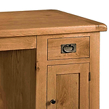 Zelah Oak Small Computer Desk - Close up of drawer and cupboard
