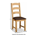 Wooden chair with brown cushioned seat; dimensions shown.