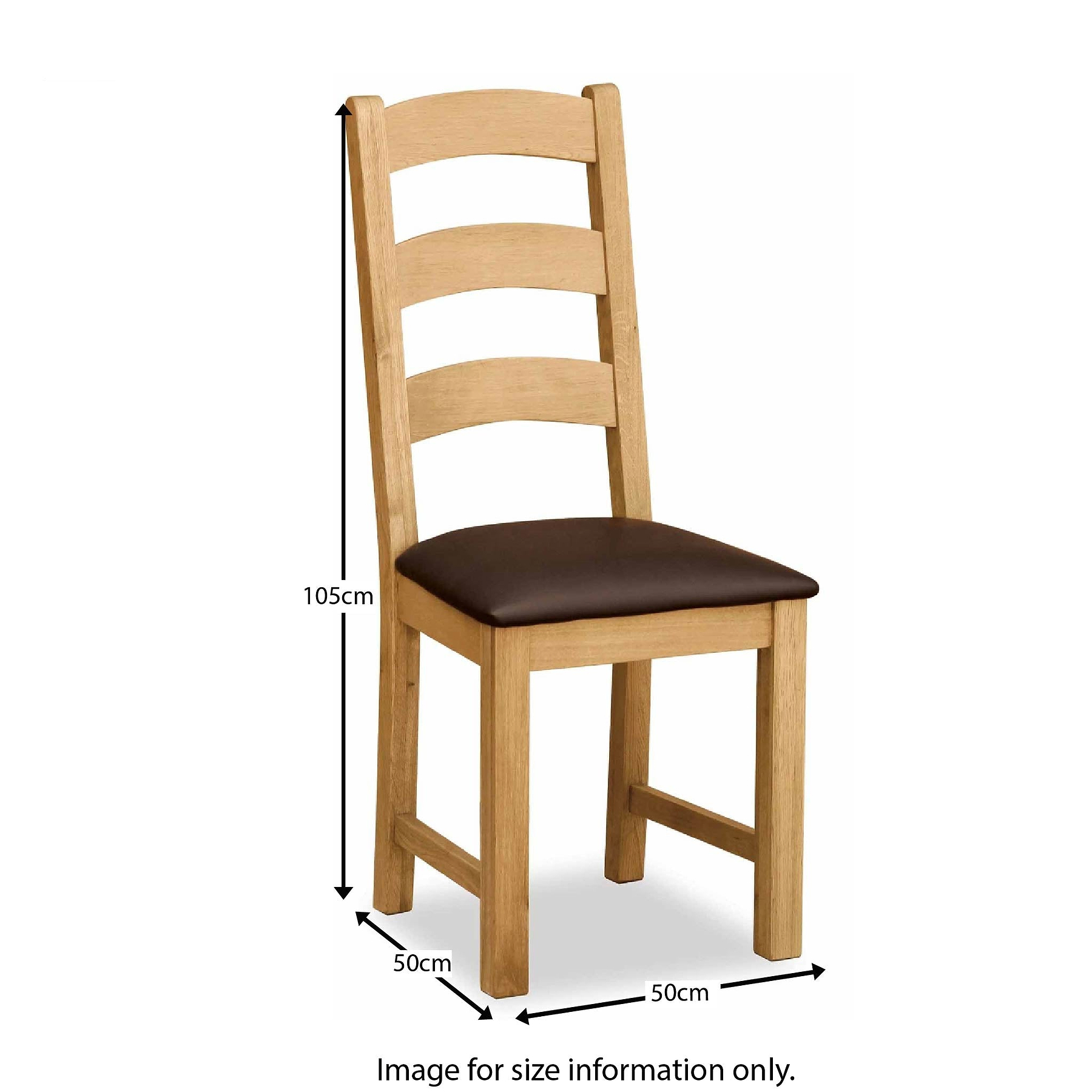 Wooden chair with brown cushioned seat; dimensions shown.