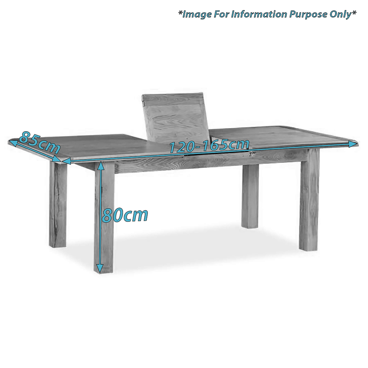 An extendable wooden dining table, with measurements indicating a length of 120-165cm, width of 85cm, and height of 80cm. The note states "*Image For Information Purpose Only*".