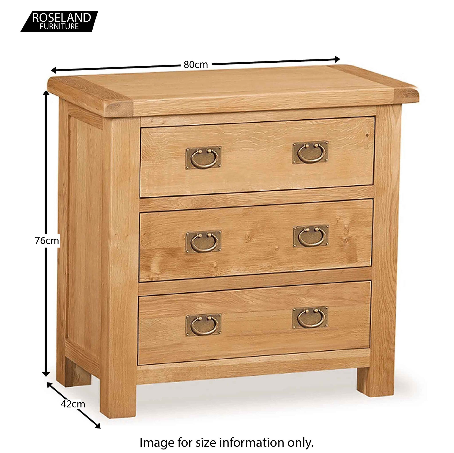 Zelah Oak 3 Drawer Chest of Drawers - Size Guide