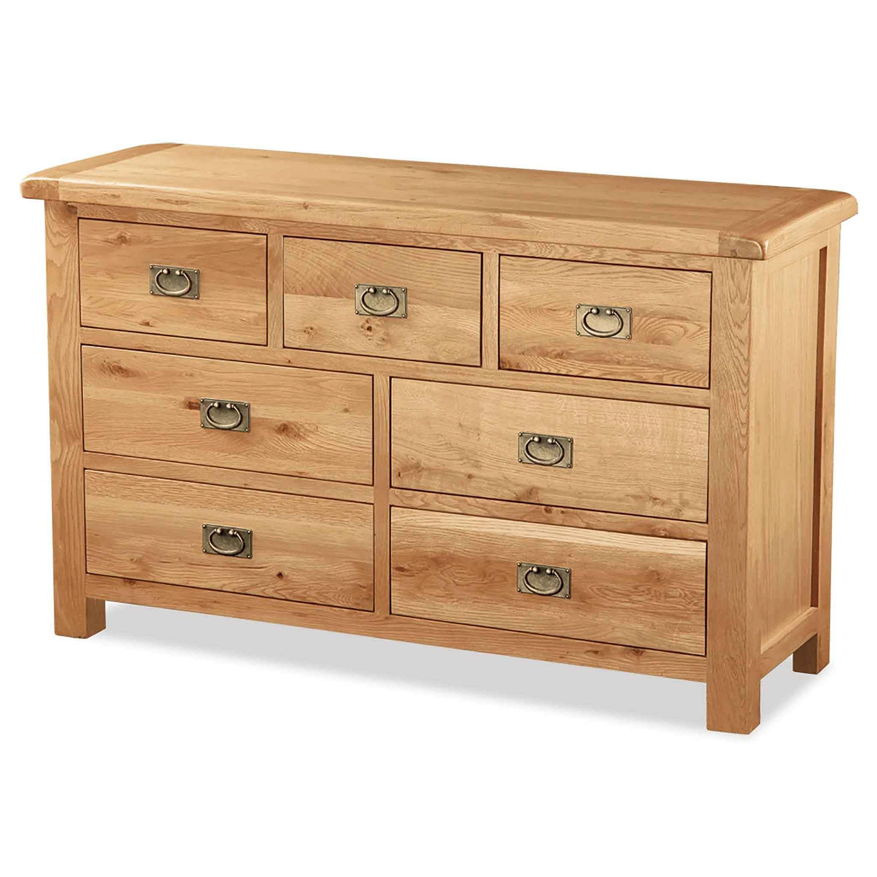 A wooden sideboard with multiple drawers, each featuring metal handles, isolated on a white background.