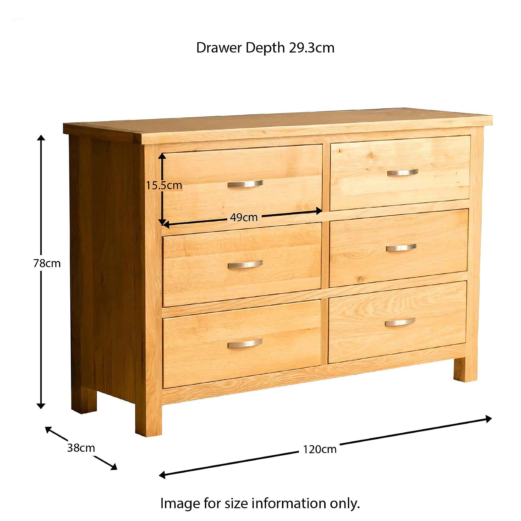 London Oak Large 6 Drawer Chest of Drawers - size guide