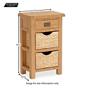 A wooden bedside table with a drawer and two wicker baskets, indicated measurements: 55cm wide, 85cm high, 35cm deep. Text: "Image for size information only. ROSELAND FURNITURE."
