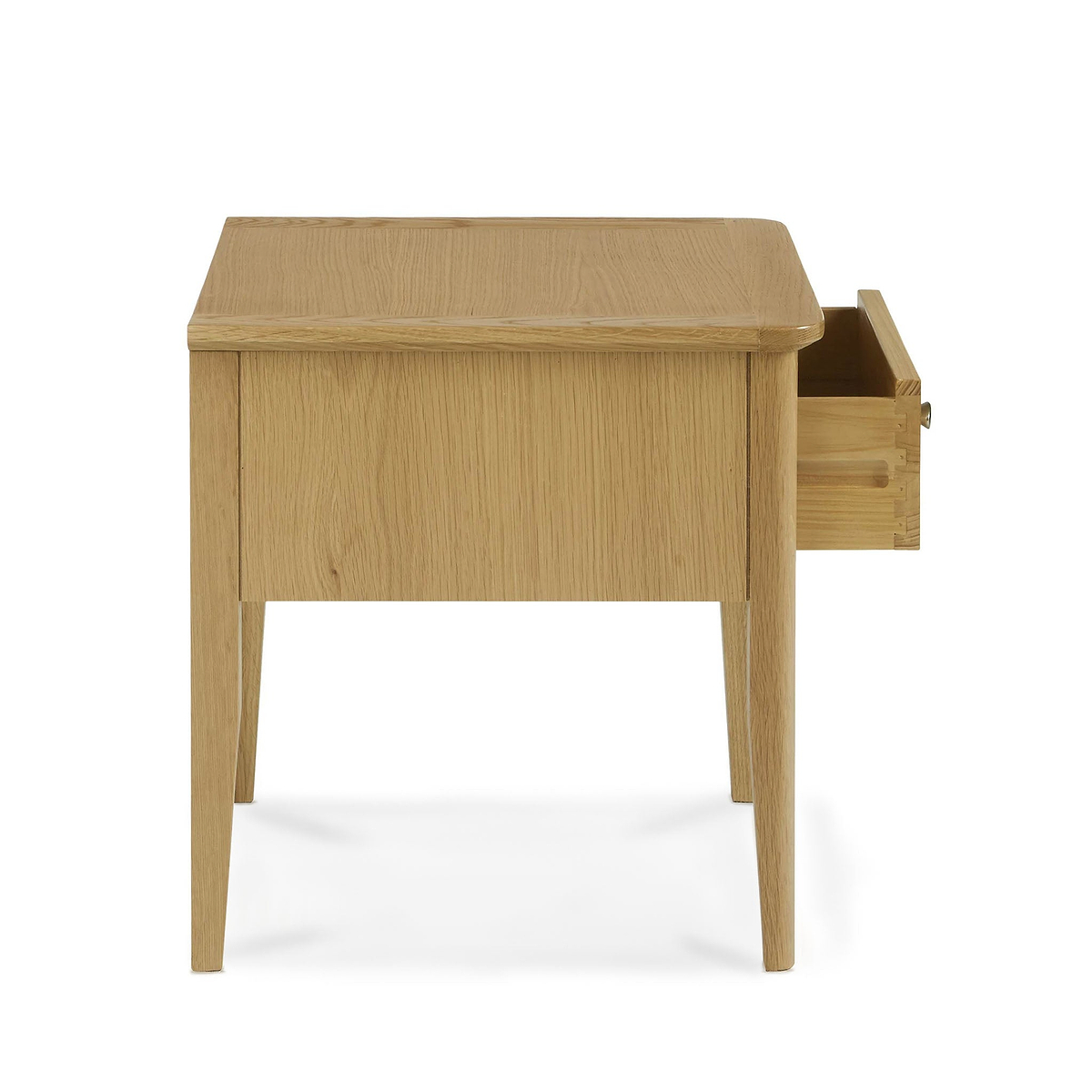 Alba Oak Lamp Table - Side on view with drawer open