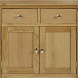 Alba Oak Mini Sideboard - Front close up view of cupboard and drawer fronts